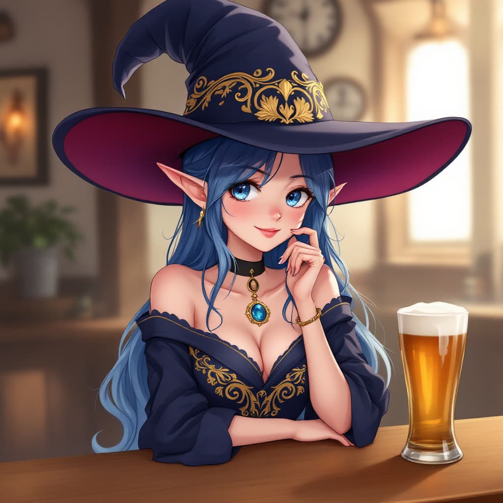 AI generated: A Anime Illustration depicts a young-appearing female character with long, wavy blue hair and fair s...
