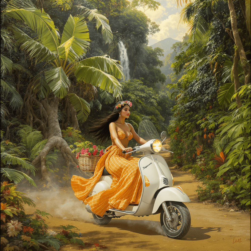 AI generated: renaissancestyle art work of a beautiful modern day filipino woman riding on a vespa through the tro...