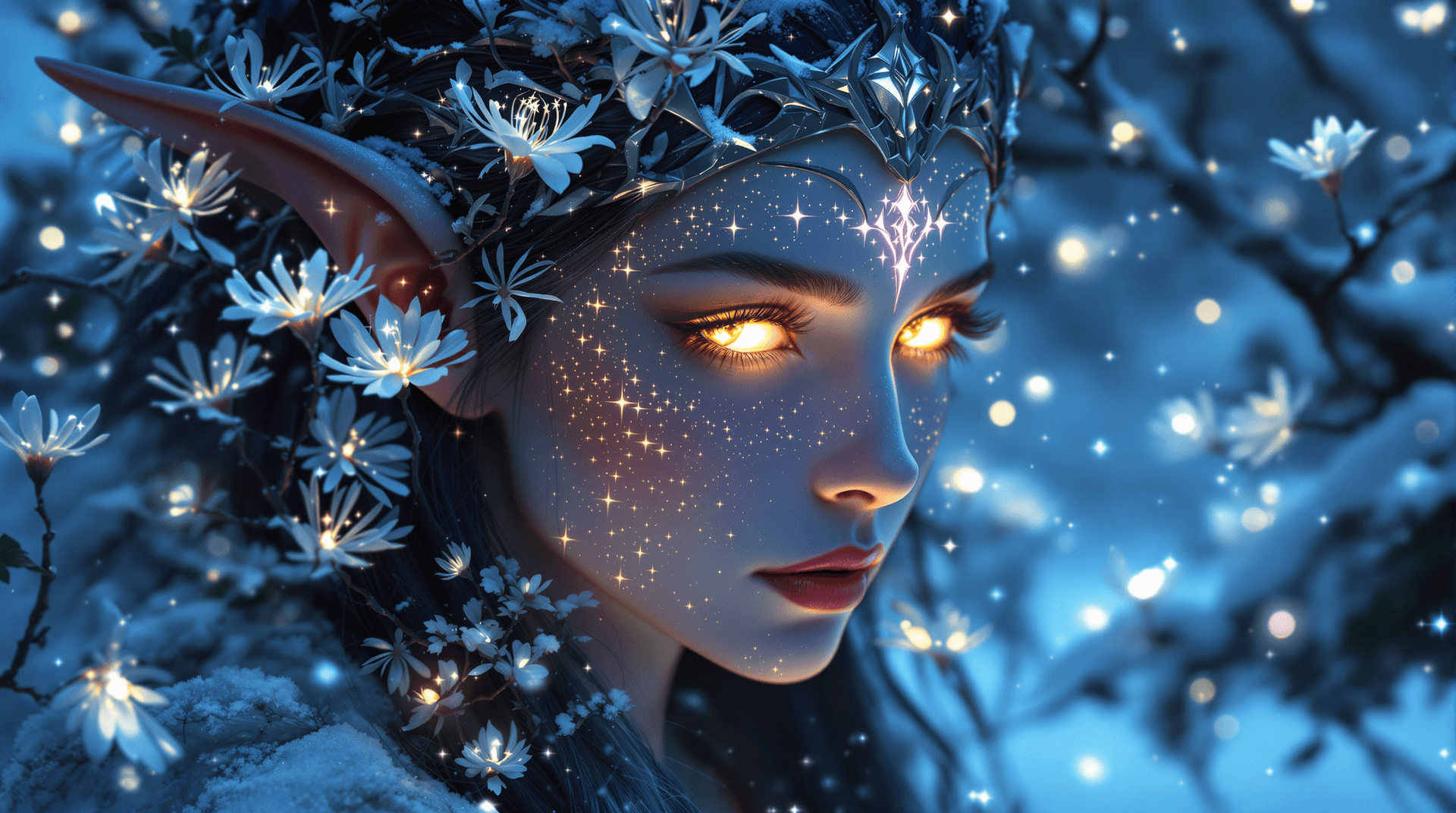 AI generated: A majestic elf face illuminated by the soft glow of luminescent plants, exuding an atmosphere of anc...