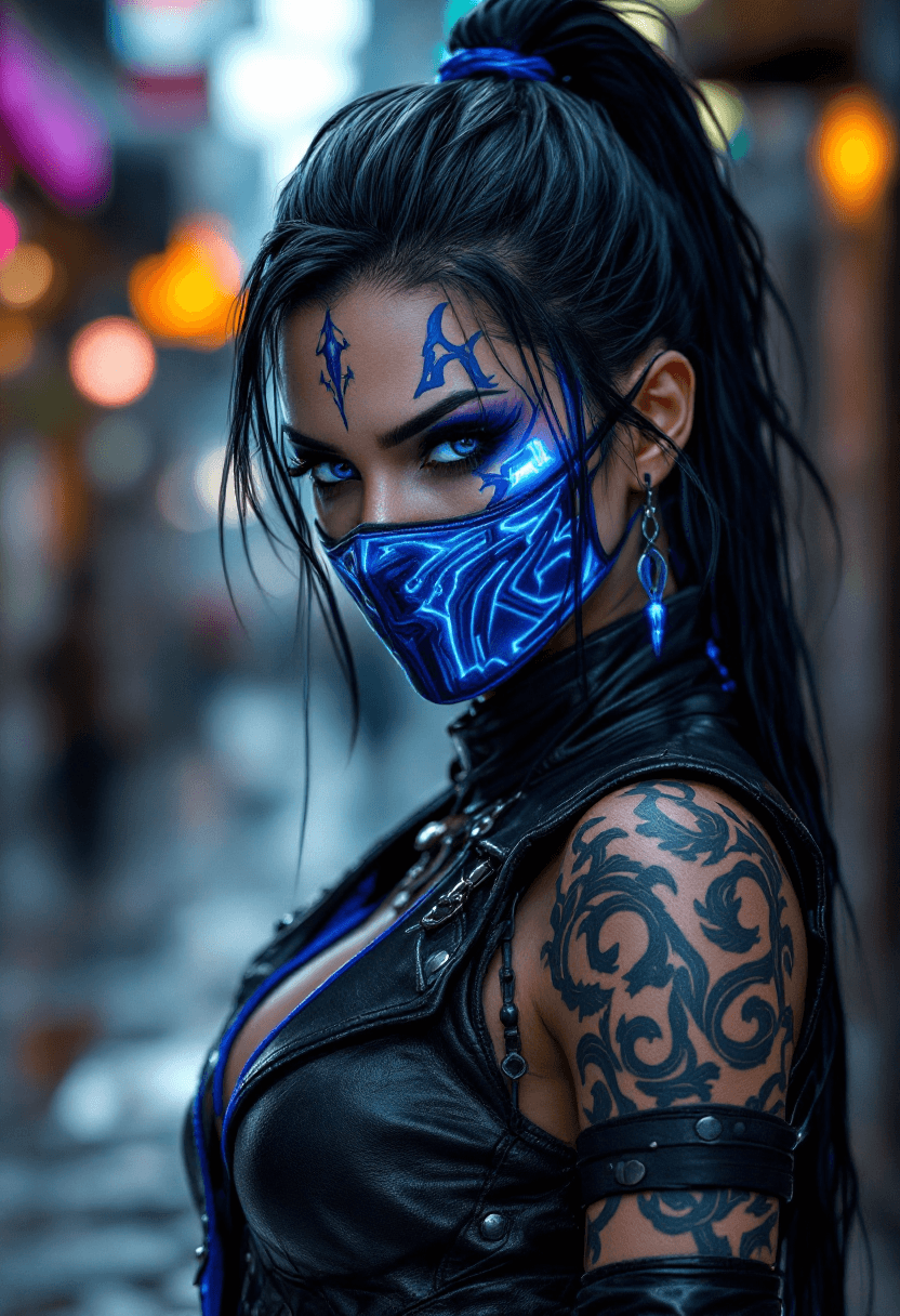 AI generated: Mortal Kombat Kitana, unmasked, cyberpunk, outdoor, street, blue and purple accents, hyperrealism, p...