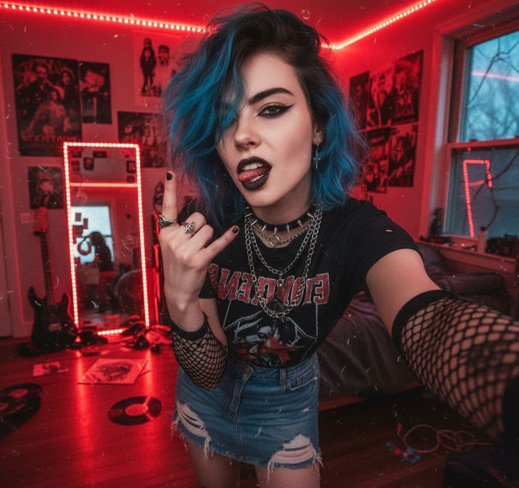 AI generated: “A rebellious punk-girl selfie taken at arm’s length with a phone camera.
She’s standing in her mes...