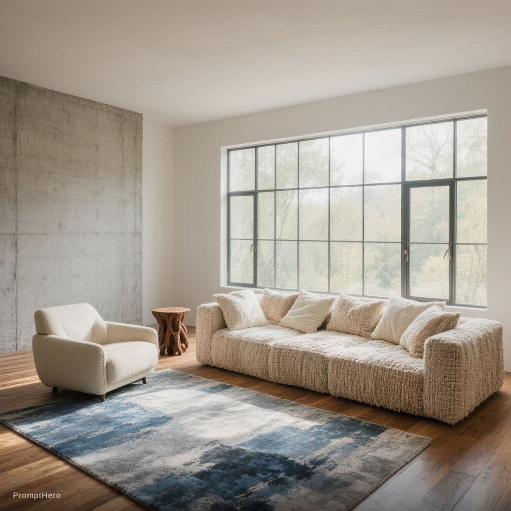AI generated: A wide-angle interior photograph of a minimalist, sunlit living room with rustic elements. On the ri...