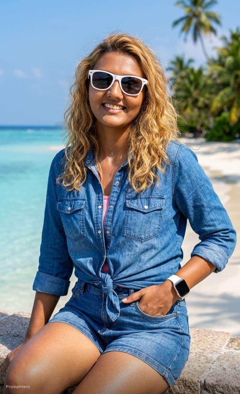 AI generated: A photorealistic portrait of a woman sitting on a stone ledge at a tropical beach, captured in brigh...