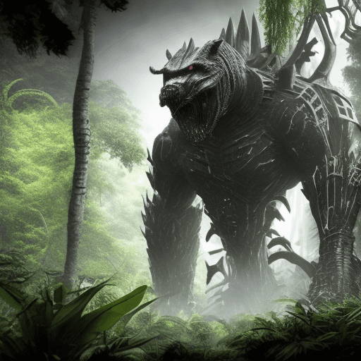 AI generated: In the heart of a dense, shadowy jungle, an imposing predator HOUNTING GROUNDS  fights for survival....