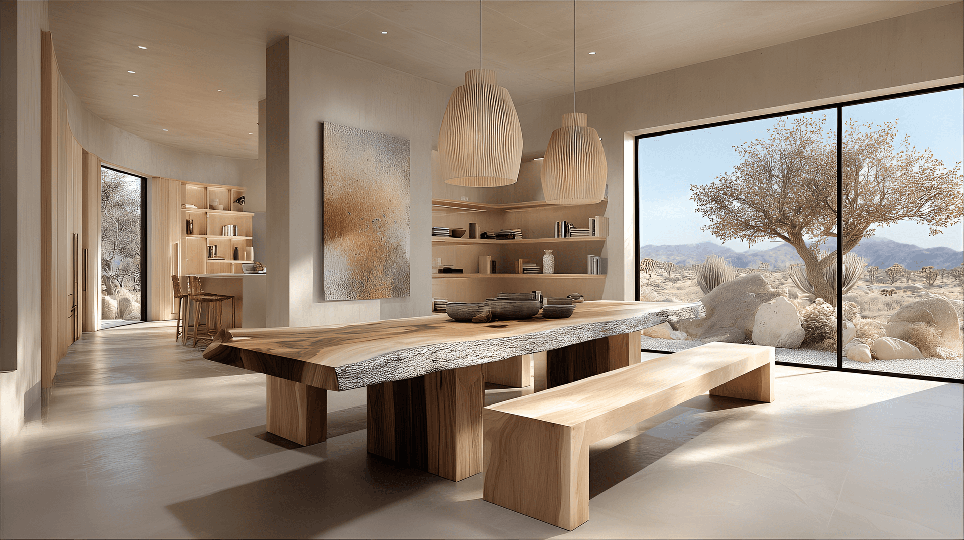 AI generated: Modern minimalist dining area, light beige concrete walls, large wooden dining table with a live edg...