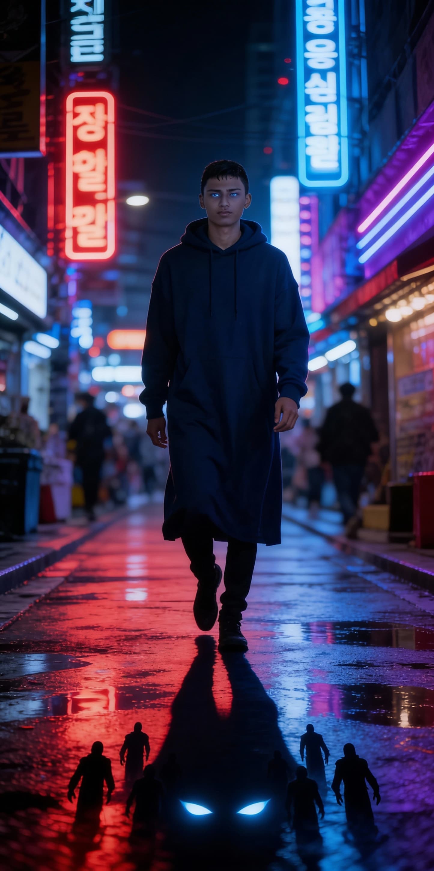 AI generated: A photo-realistic cinematic shot of a young Korean man inspired from Sung Jin-Woo from Solo Leveling...