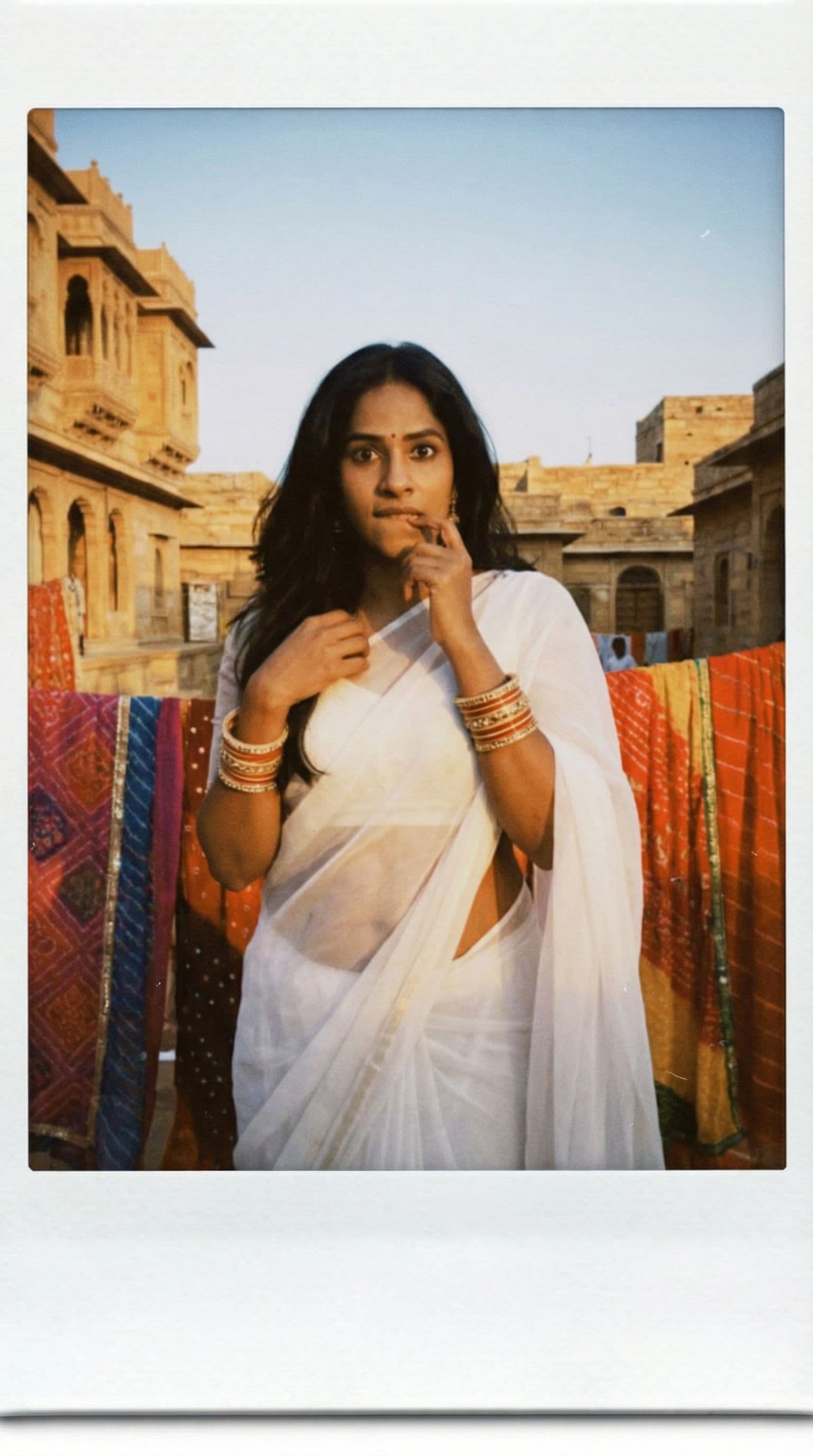 AI generated: This lady, biting her lip, brown hair, Indian hair style, saree,, inhaled chest,wide open eyes, A pl...