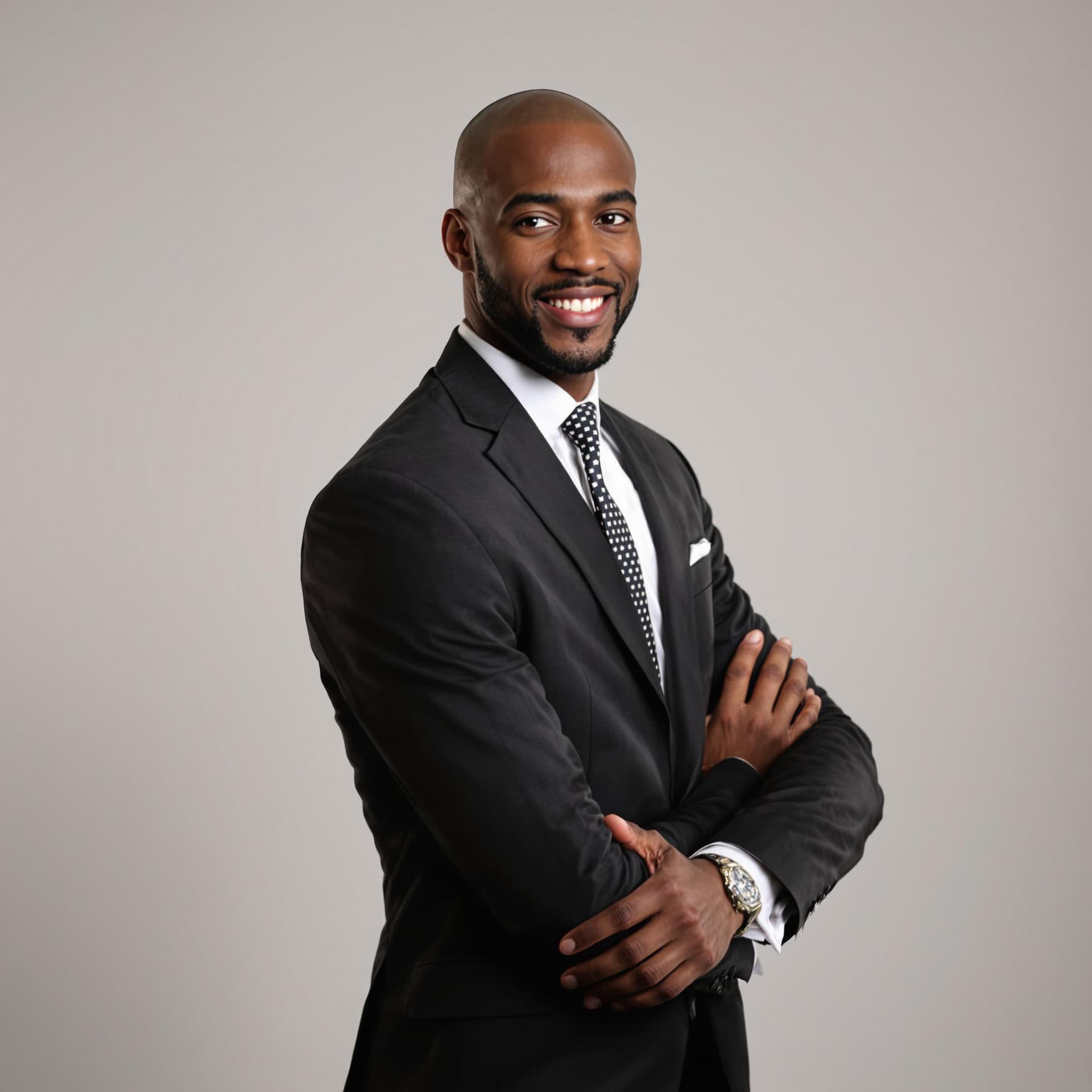 AI generated: a bald black male in his thirties with facial stubble in a black suit posing for the camera against ...