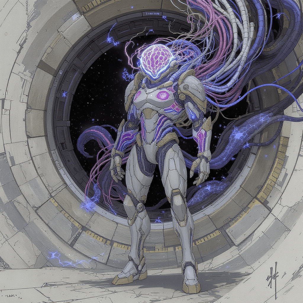 AI generated: concept art, neurosync diver character for deep cognition vault world, full-body, wearing translucen...
