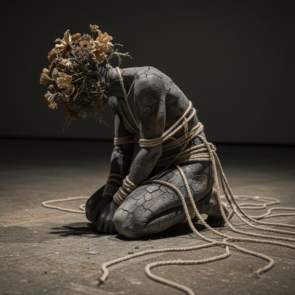 AI generated: Living sculpture or human figure transformed, kneeling on the ground in a posture of submission and ...