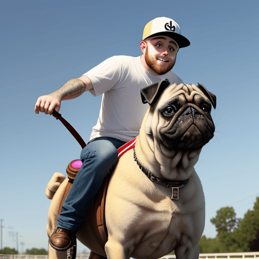 AI generated: Mac Miller riding a horse sized Pug dog 