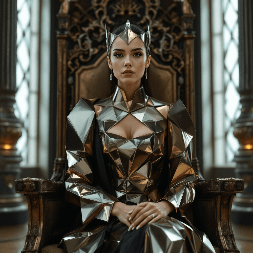 AI generated: A full-body portrait of a woman, a queen in her throne room. Her clothes are a series of geometric s...