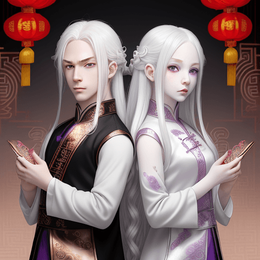 AI generated: Albino twins, white wavy hair, pale skin, purple eyes, gray eyebrows and soft smiles. Black dresses....