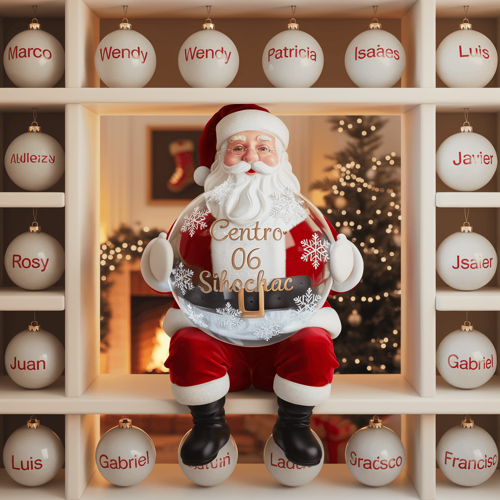 AI generated: A 3D representation of a real scene of Santa Claus sitting on a shelf. Santa Claus is holding a tran...