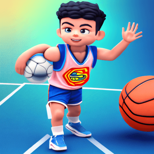 AI generated: a Super cute sports boy,wearing a basketball vest,blueshorts,big watery eyes，clean bright basketball...