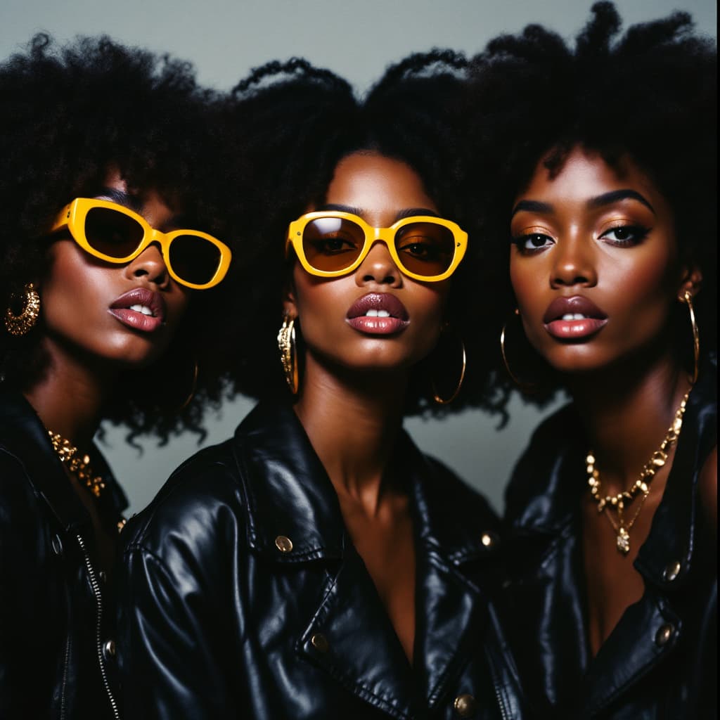 AI generated: 
three black women, with yellow sunglasses and a black jacket, in the style of vhs, animated gifs, c...