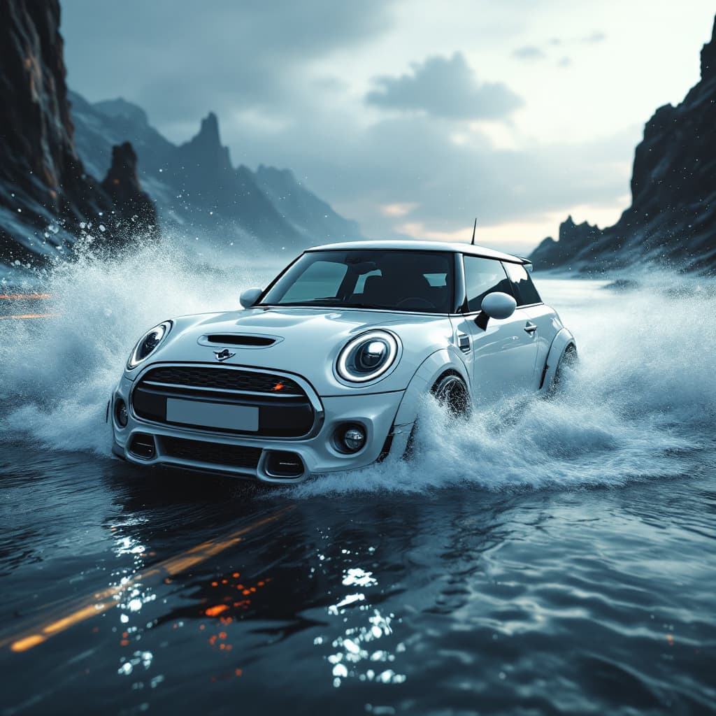 AI generated: a white MINI Cooper S ,car driving through water, in the style of futuristic spacecraft design, eeri...