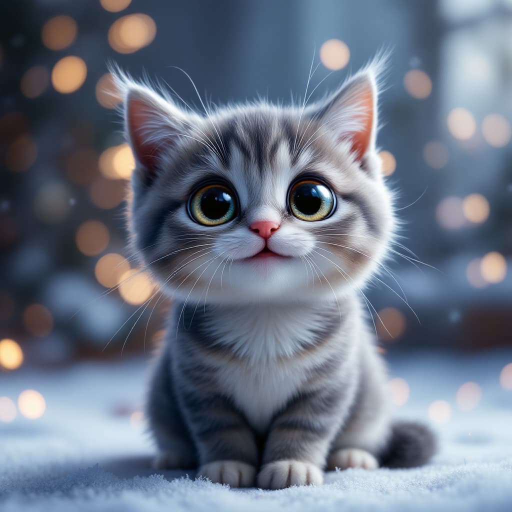 AI generated: Hyper realistic cute grey and white cat, big eyes, smiling, pixar style, christmas style, sharp, uhd...