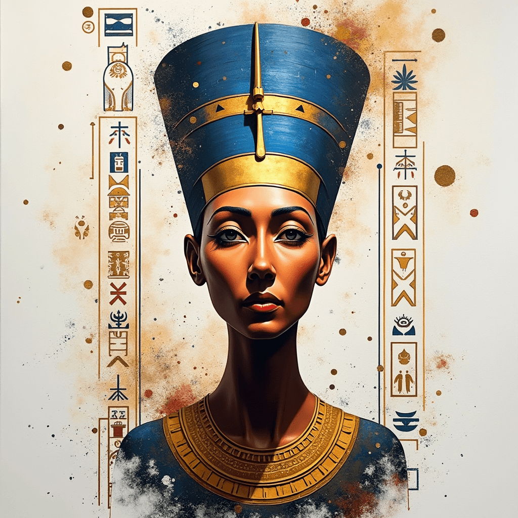 AI generated: Oil on canvas modern art style, straight lines, and curves in the background with hieroglyphics symb...