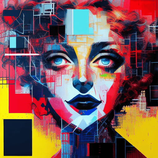 AI generated: female face with curly thick hair, geometric abstract portrait, bright vibrant colorful, gritty, cyb...