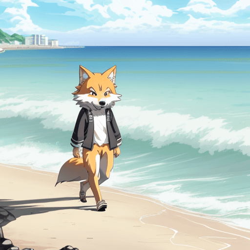 AI generated: A cute male kemono wolf walking by the sea in summer, anime style