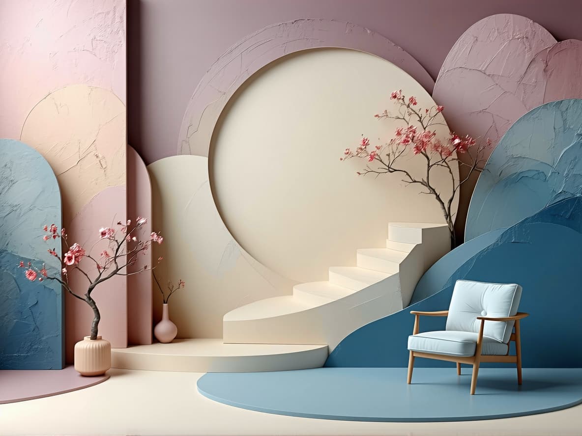 AI generated: flat geometric composition in pale mauve, sand beige and misty blue, thick oil texture with subtle i...