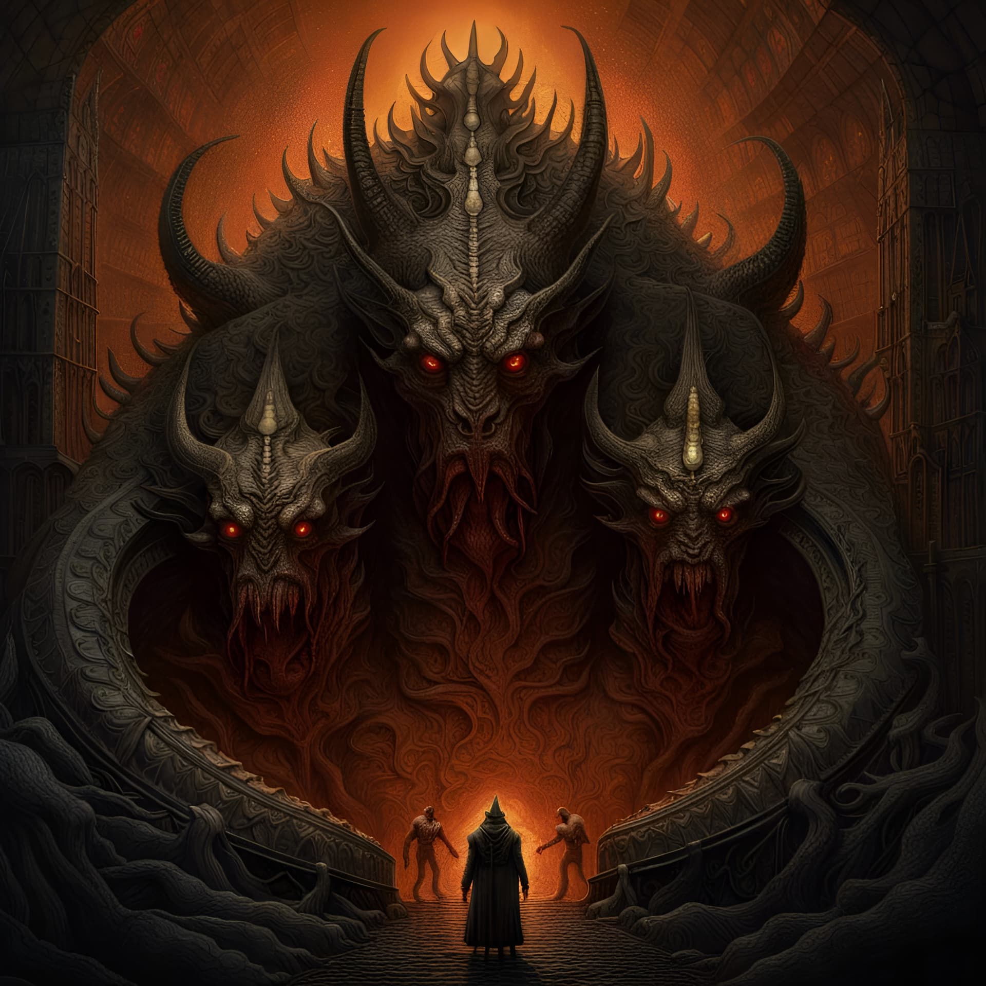 AI generated: cerburus the 3 headed beast guarding the gates of hell, horror art by beksinski and szukalski and gi...