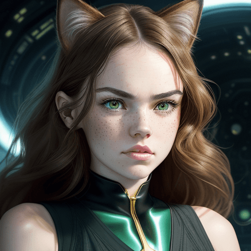 AI generated: Beautiful cat girl. Daisy Ridley. Cat ears. Cat tail. Beautiful face. Beautiful big eyes. Slender bo...