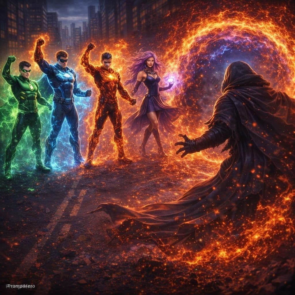 AI generated: "Heroes victorious, VoltStrike, BlazeFire, FrostBolts, MindFlare, Verdant Rider standing triumphant,...