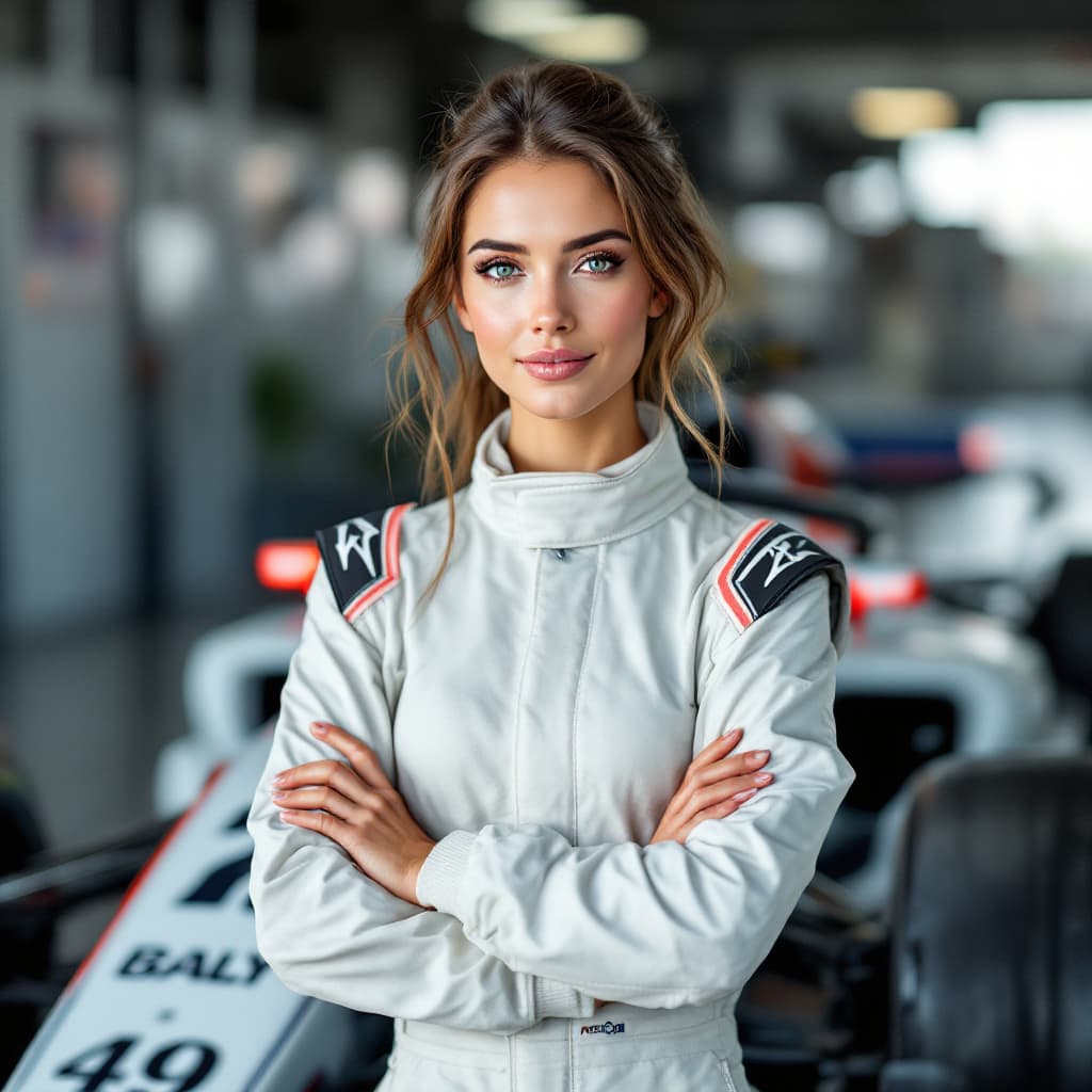 AI generated: A pretty lady car racing driver standing in front of her own  Formula One racing car, wearing a fire...