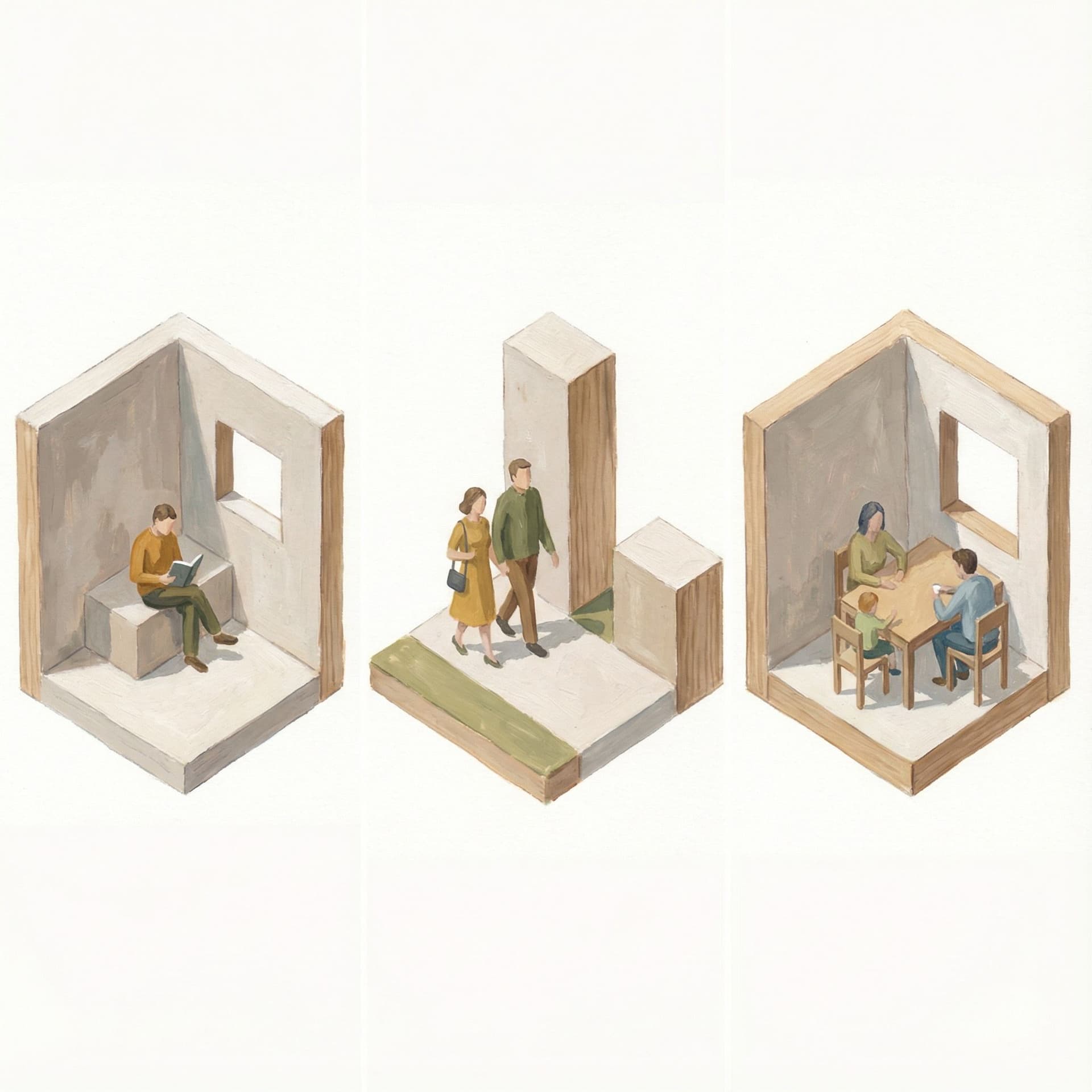 AI generated: a series of [people] are shown in isometric fashion, in the style of small brushstrokes, white backg...