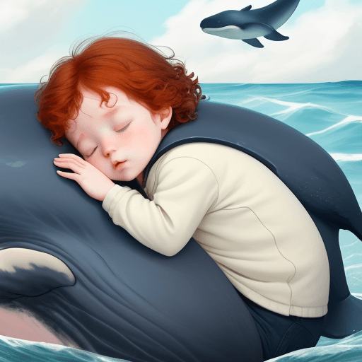 AI generated: A tender baby with soft reddish hair, asleep on a whale traveling over the sea, 

