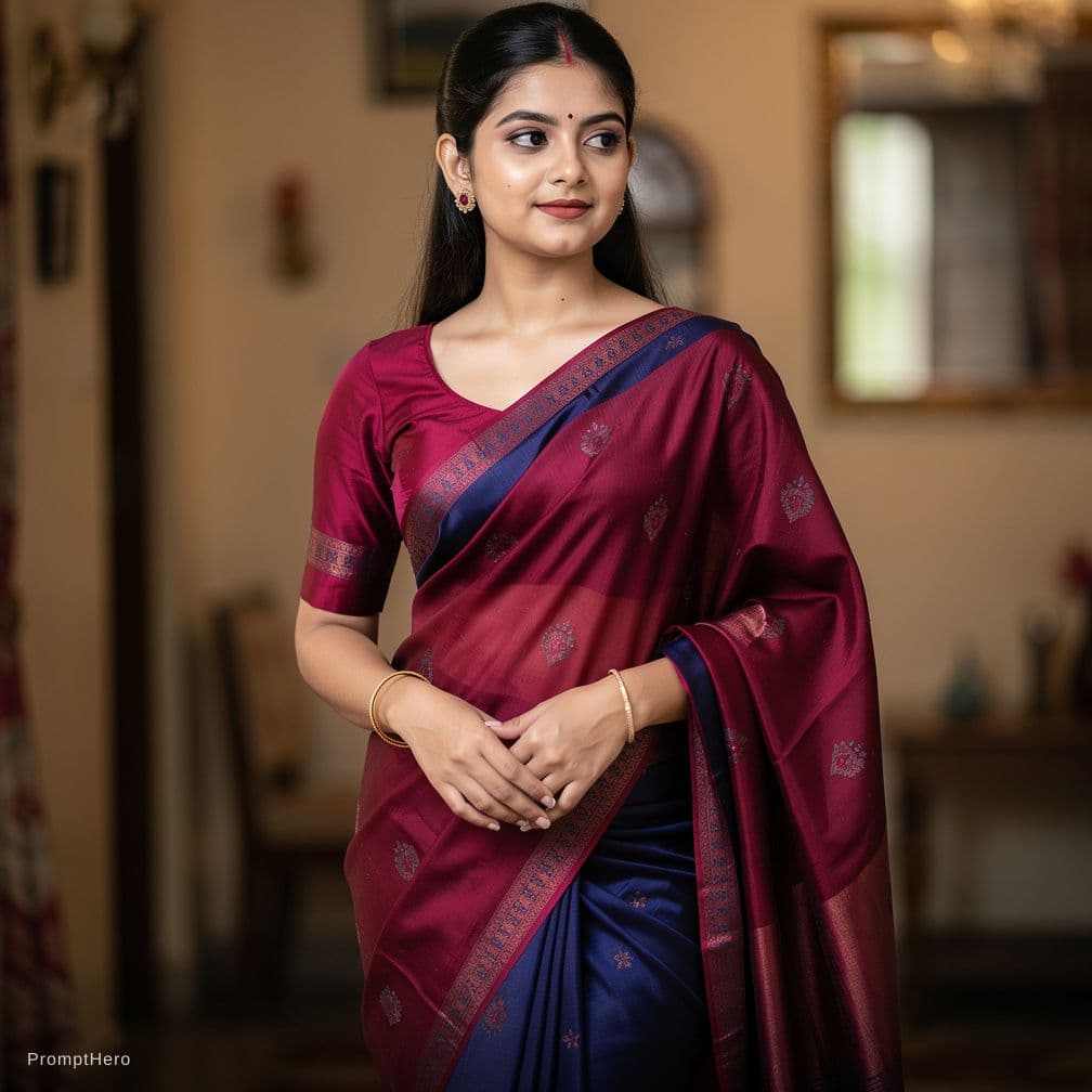 AI generated: A Indian girl wearing a tight saree without anything under in it