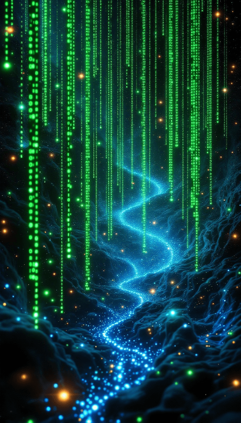 AI generated: An abstract digital scene infused with Matrix-style cascading green code, streaming down like rain i...