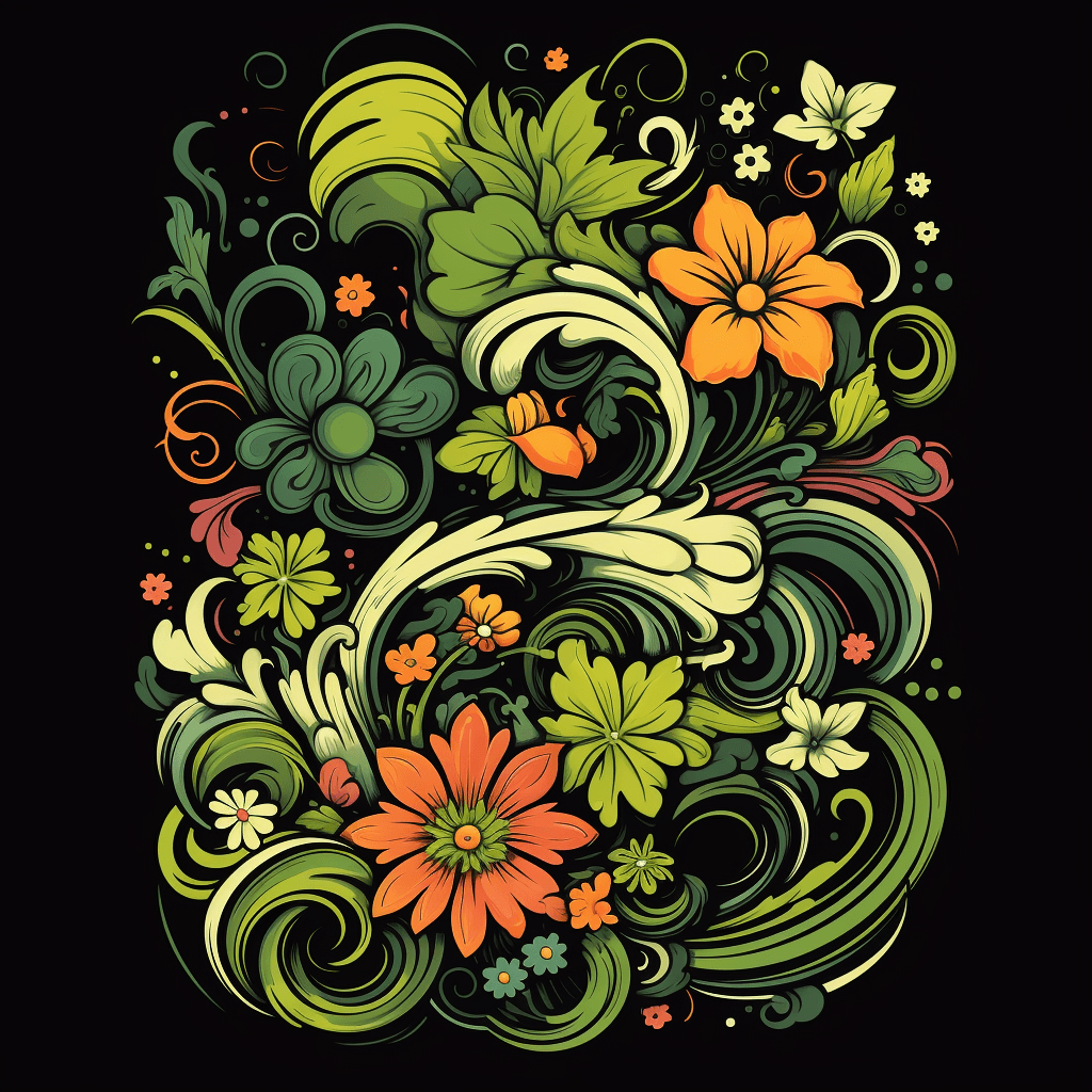 AI generated: Tshirt vector, svg, hallucinogenic plants, with swirling vines, leaves, and flowers elements, earthy...
