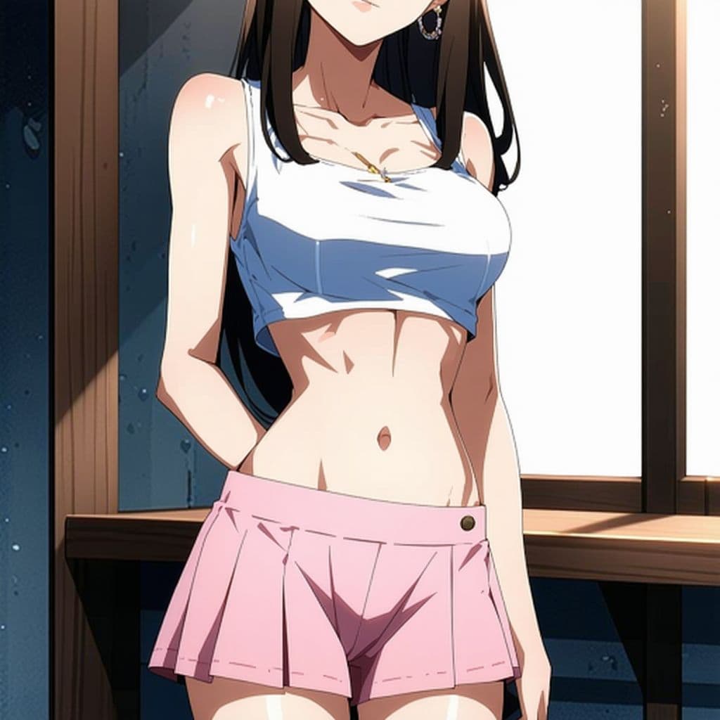AI generated: Full body image of a beautiful anime girl in sleeveless crop top, manhwa style, princess core, tight...