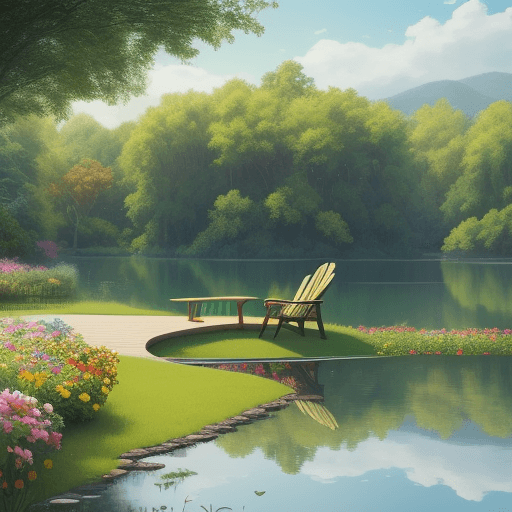 AI generated: Create a photorealistic scene featuring a public long infinite chair placed beside a tranquil lake. ...
