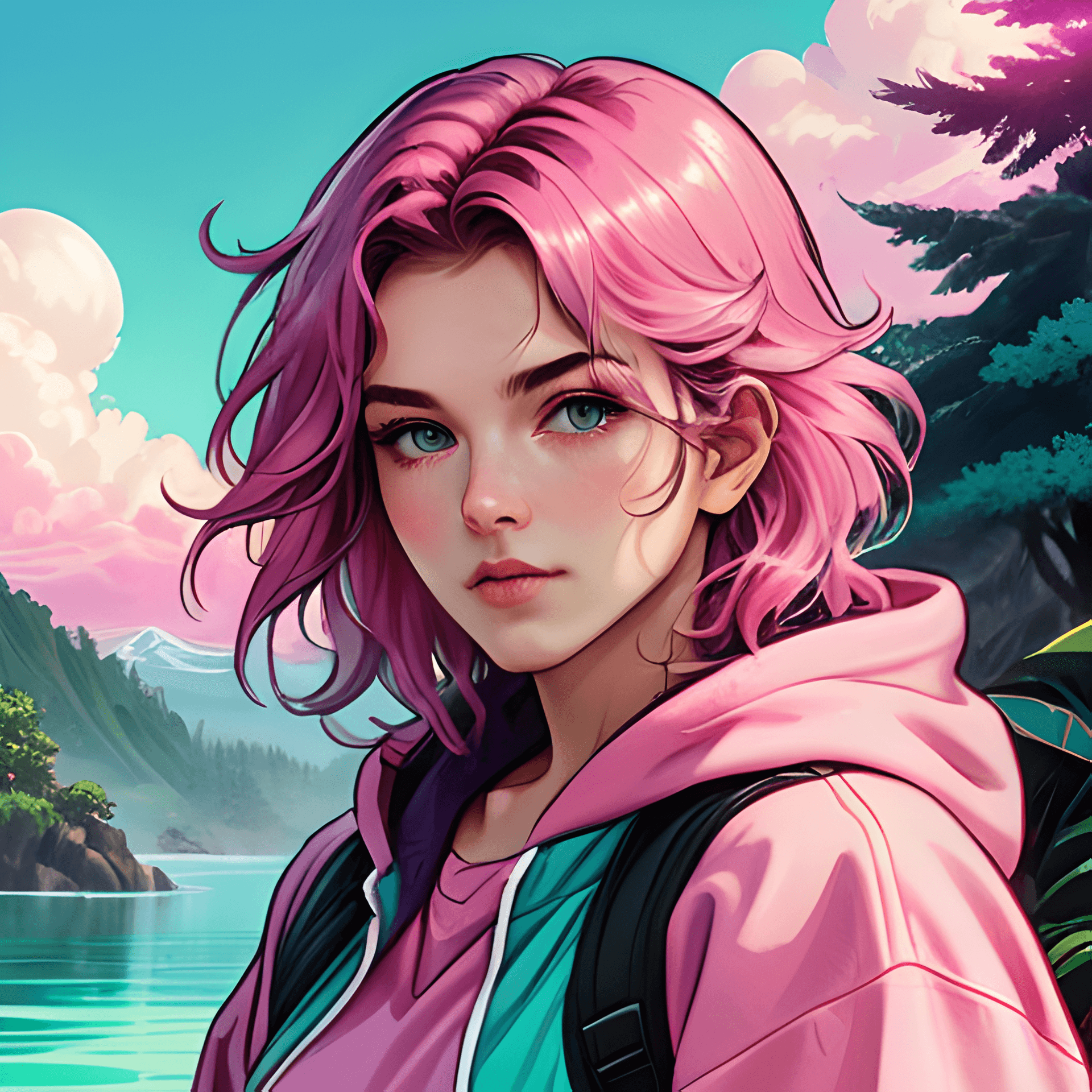AI generated: colorful, hand drawn, vibrant pastel colors, (bubblegum Vaporwave aesthetic), Legend of Mana graphic...