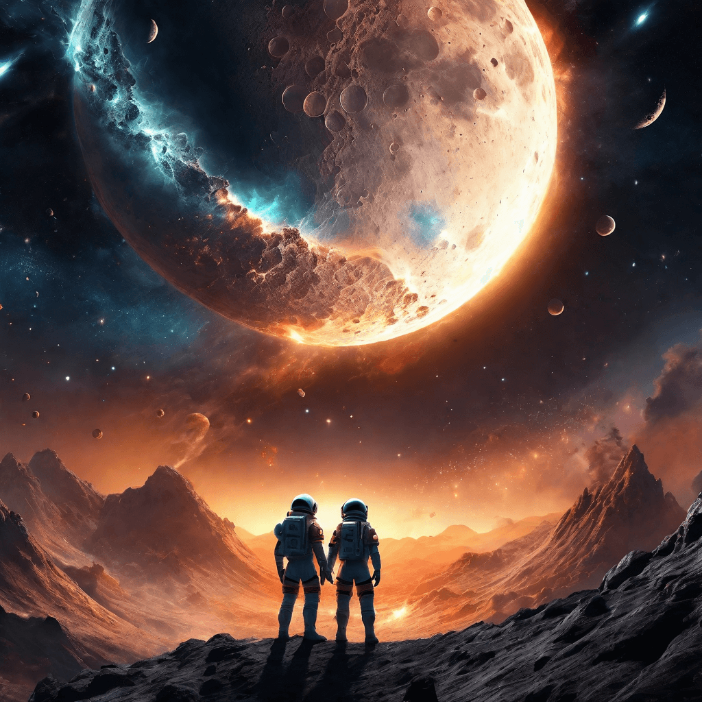 AI generated: huge Moon explode in the two parts in Space persons look to the sky, space, dust waves, nebula, blac...