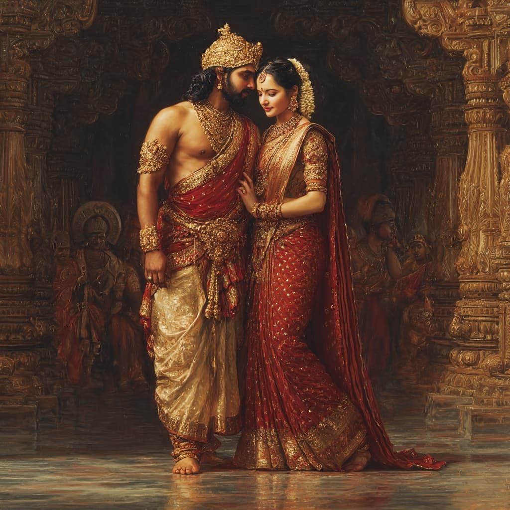 AI generated: Hyper-realistic, in the style of ,Howard David Johnson, mythological fantassy portrait of indian kin...