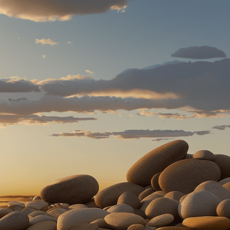AI generated: hyperrealistic oil on canvas,
sparse clouds in a sky, 
small rocks, beach, multiple small trees,  
b...