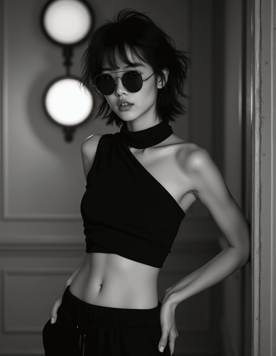 AI generated: monochrome High fashion black and white upper body photo of a slim, small breast, flat chest, abs, y...
