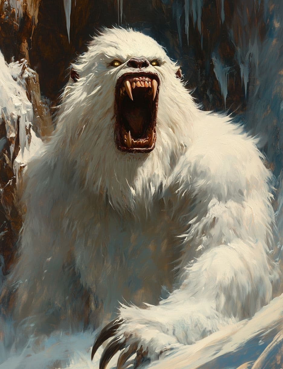 AI generated: **Frank Frazetta painting of a white yeti with large fangs, set against a cave background. --s 250 -...
