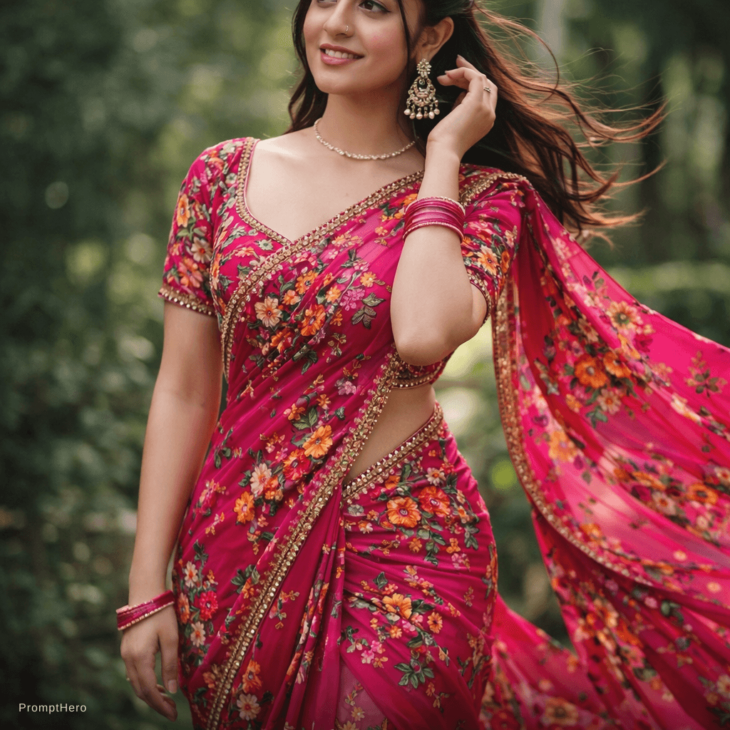 AI generated: A vibrant hot sexy saree with intricate floral patterns, flowing gracefully in a gentle breeze, capt...