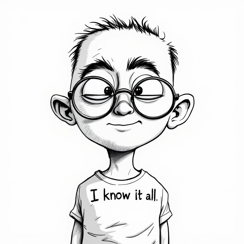 AI generated: graphically representin a comic way a character with a giant head and a tiny body wearing round glas...