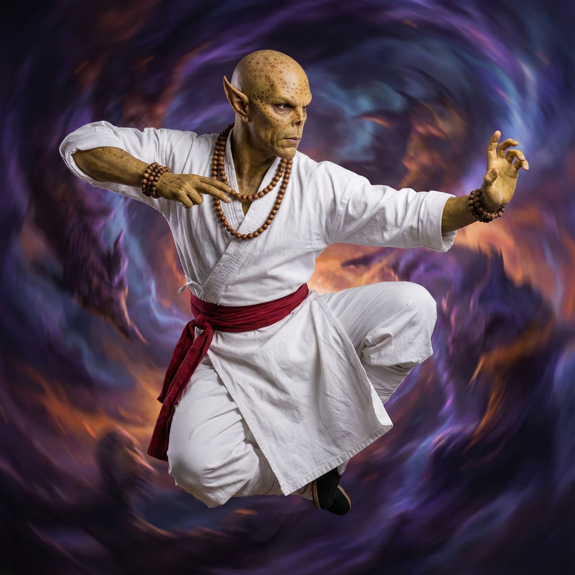 AI generated: male githzerai monk, wearing white robes with a red sash belt, beaded necklace and bracelets, bald h...