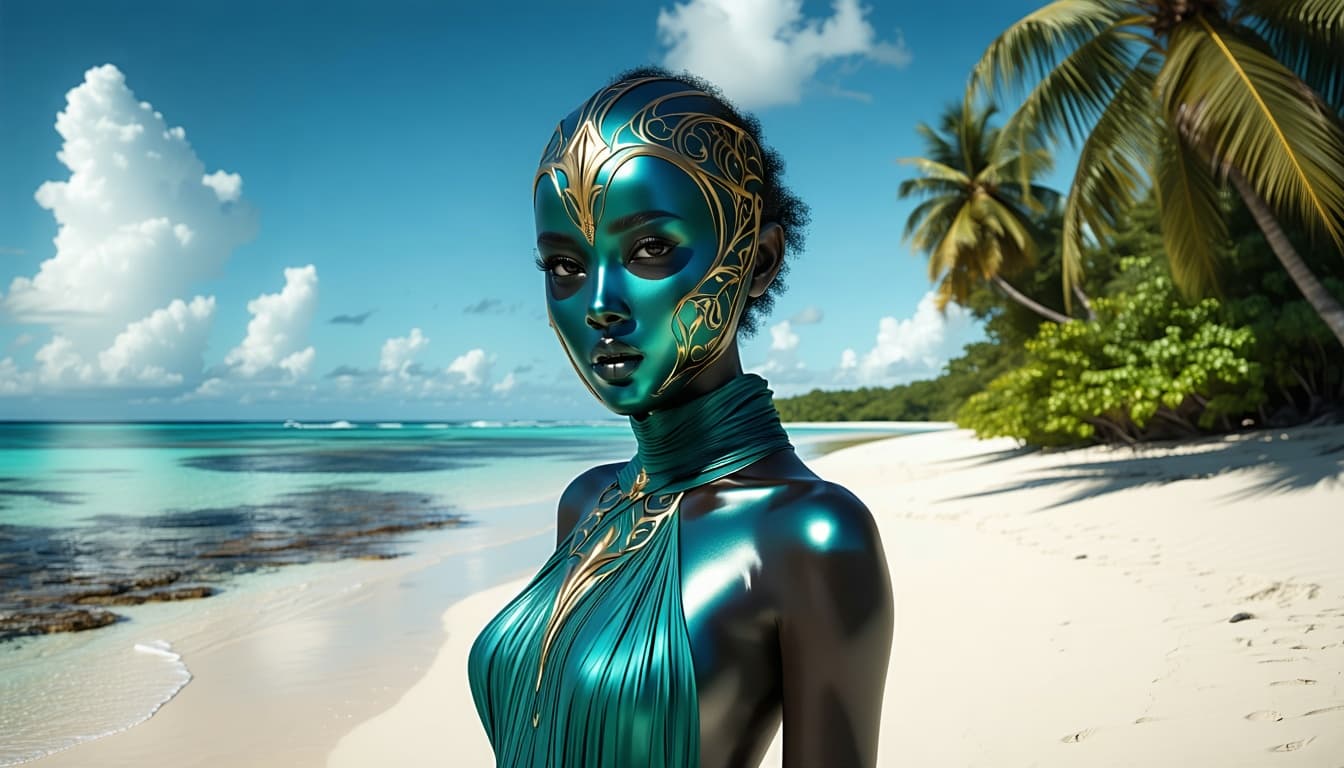 AI generated: A woman in an intricate teal and gold face shield with porcelain skin standing on a lonely desert is...