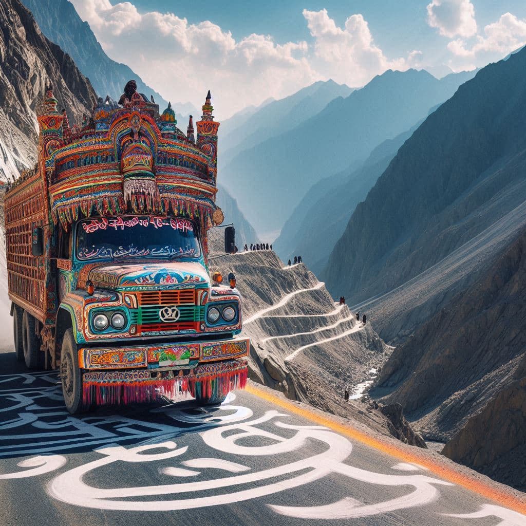 AI generated: A truck driving the dangerous Khaiber pass, has colorful Hindi decorations. Impressive dramatic scen...