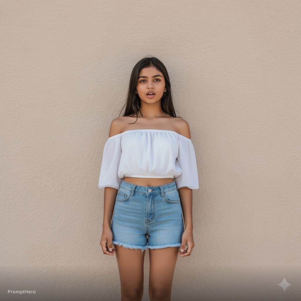 AI generated: wearing shorts and short top standing in front of wall 15 years indian girl with fair skin tone open...