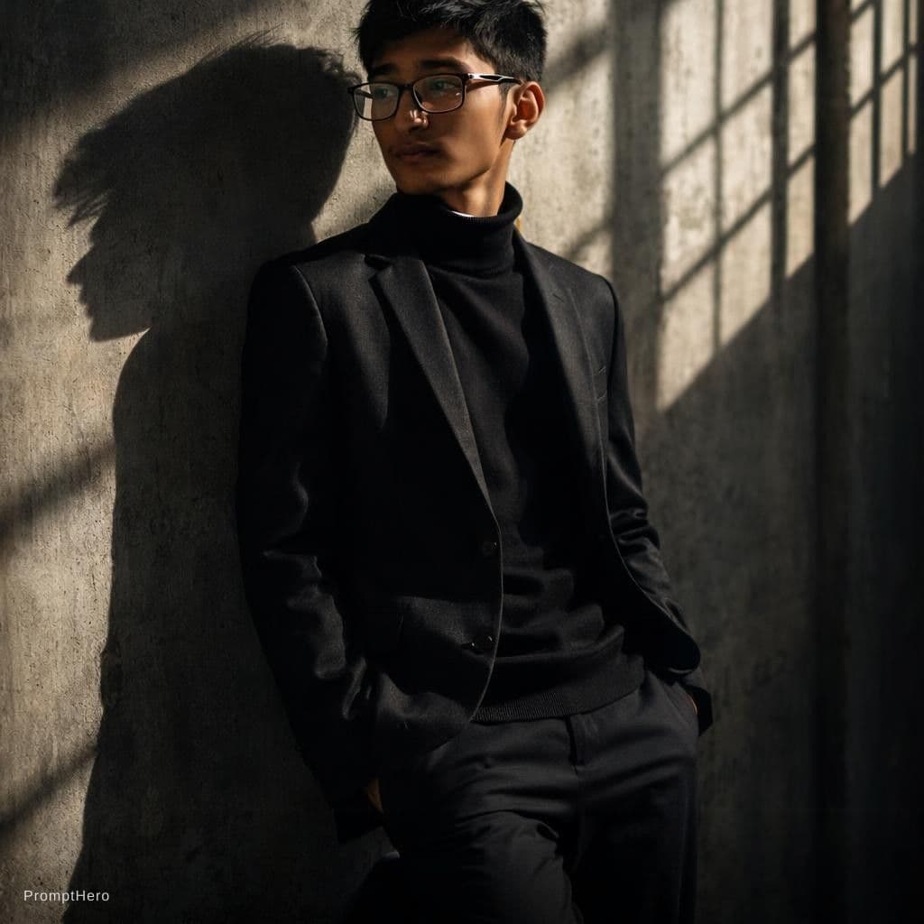 AI generated: this as A man in a tailored black
blazer and turtleneck stands against a
concrete wall. One foot u...